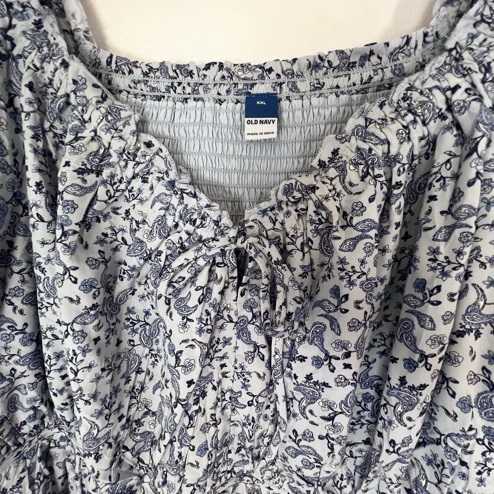 Boho Cottagecore‎ Floral Peasant Dress XXL Smocked Babydoll Blue White